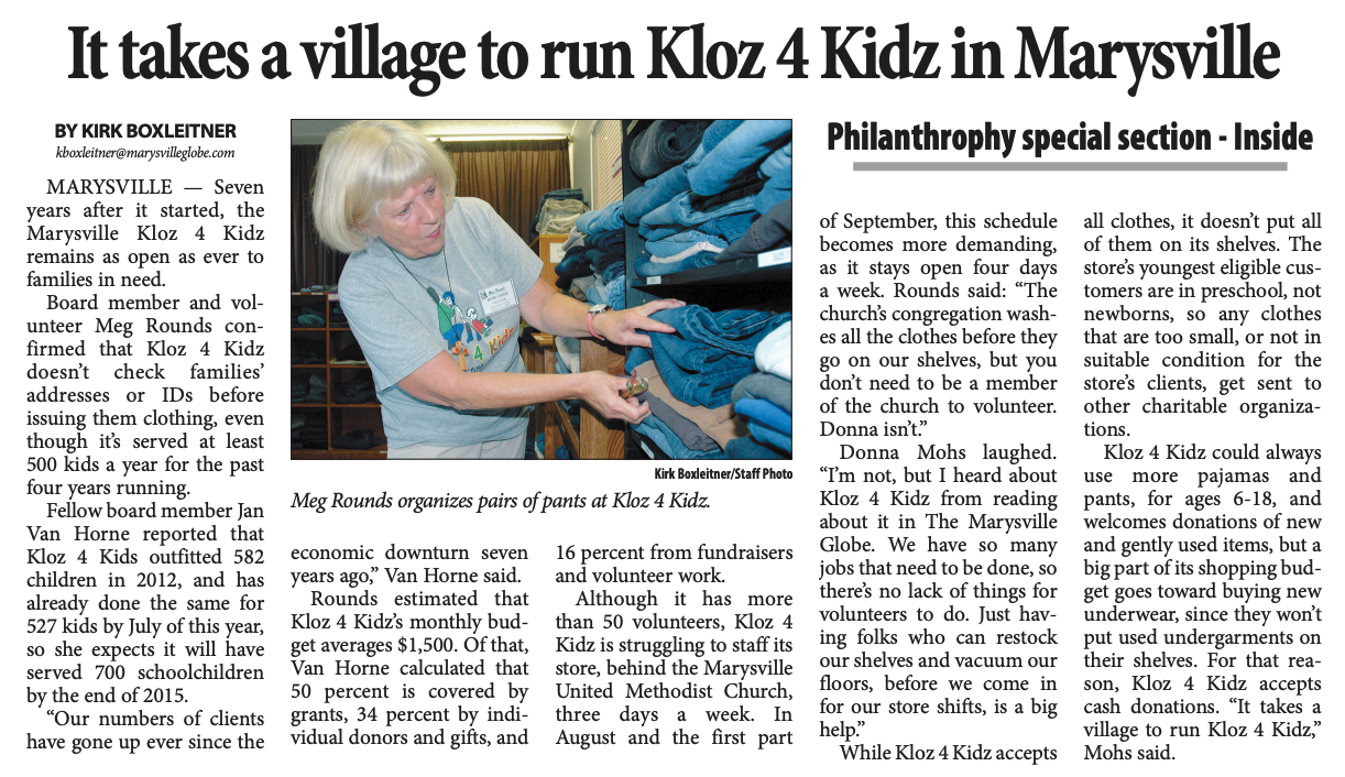 News article: It takes a village to run Kloz 4 Kidz in Marysville